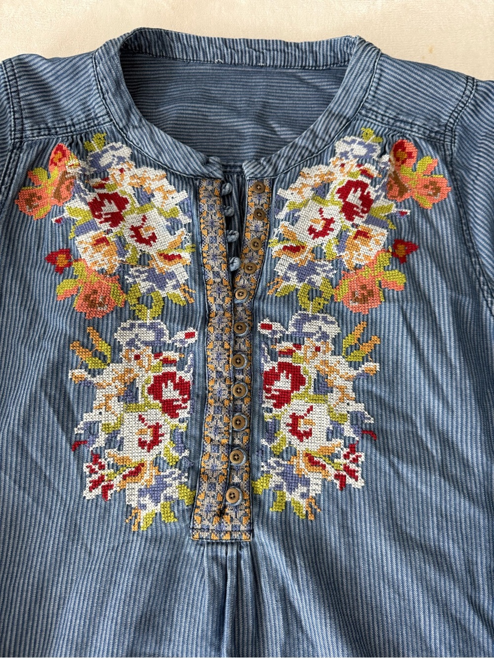 Sundance Kenza Floral Embroidered Tunic Blue Striped Cotton Denim Boho 1X D99 - Picture 2 of 9